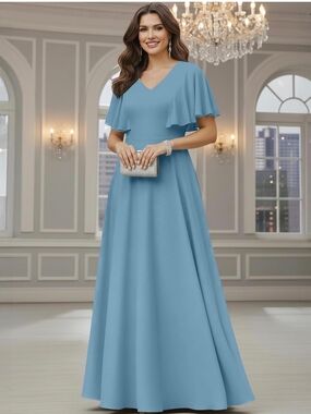 V-Neck Sky Blue Maxi Dress with Flutter Sleeves